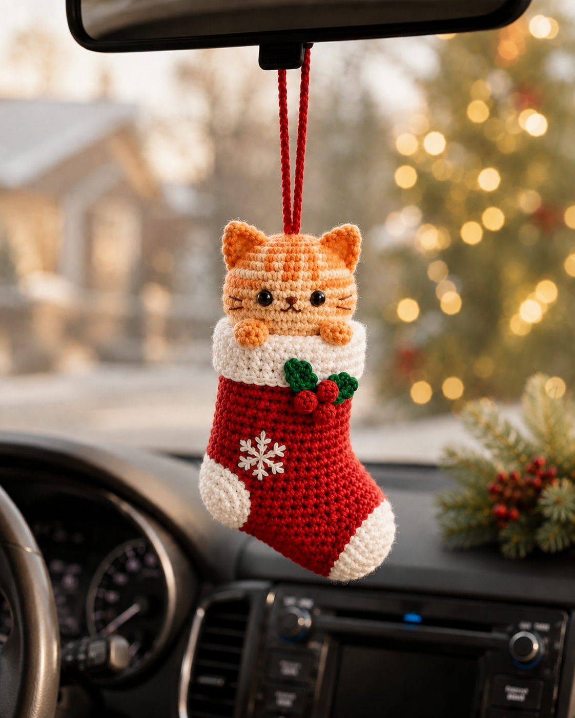 Festive Crochet Christmas Cat in Stocking Car Charm | Handmade Amigurumi Rearview Mirror Hanging Ornament
