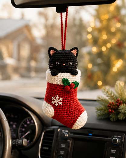 Festive Crochet Christmas Cat in Stocking Car Charm | Handmade Amigurumi Rearview Mirror Hanging Ornament