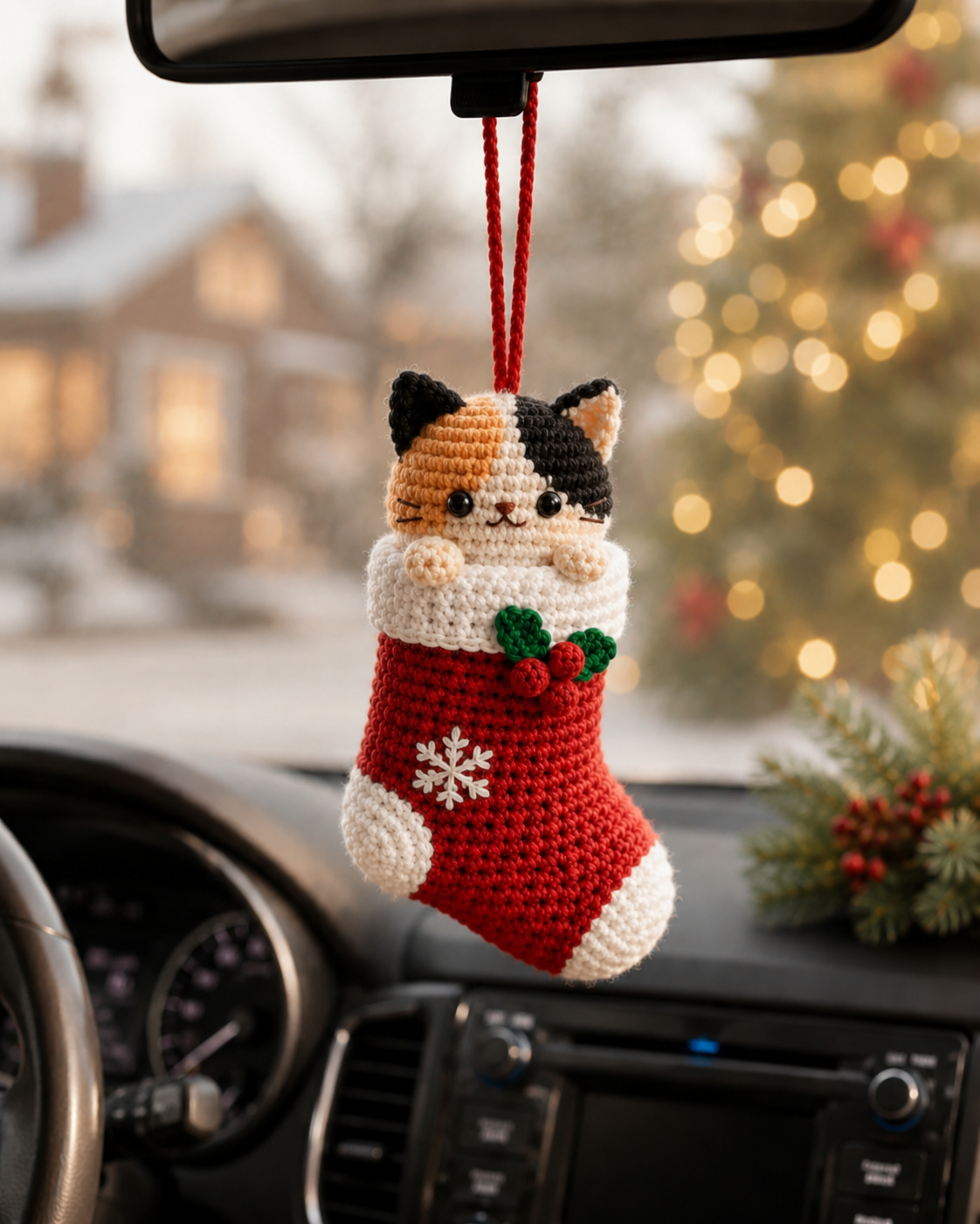 Festive Crochet Christmas Cat in Stocking Car Charm | Handmade Amigurumi Rearview Mirror Hanging Ornament