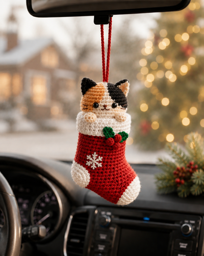 Festive Crochet Christmas Cat in Stocking Car Charm | Handmade Amigurumi Rearview Mirror Hanging Ornament