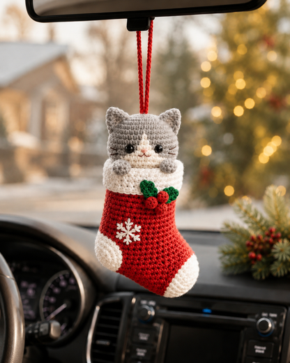 Festive Crochet Christmas Cat in Stocking Car Charm | Handmade Amigurumi Rearview Mirror Hanging Ornament