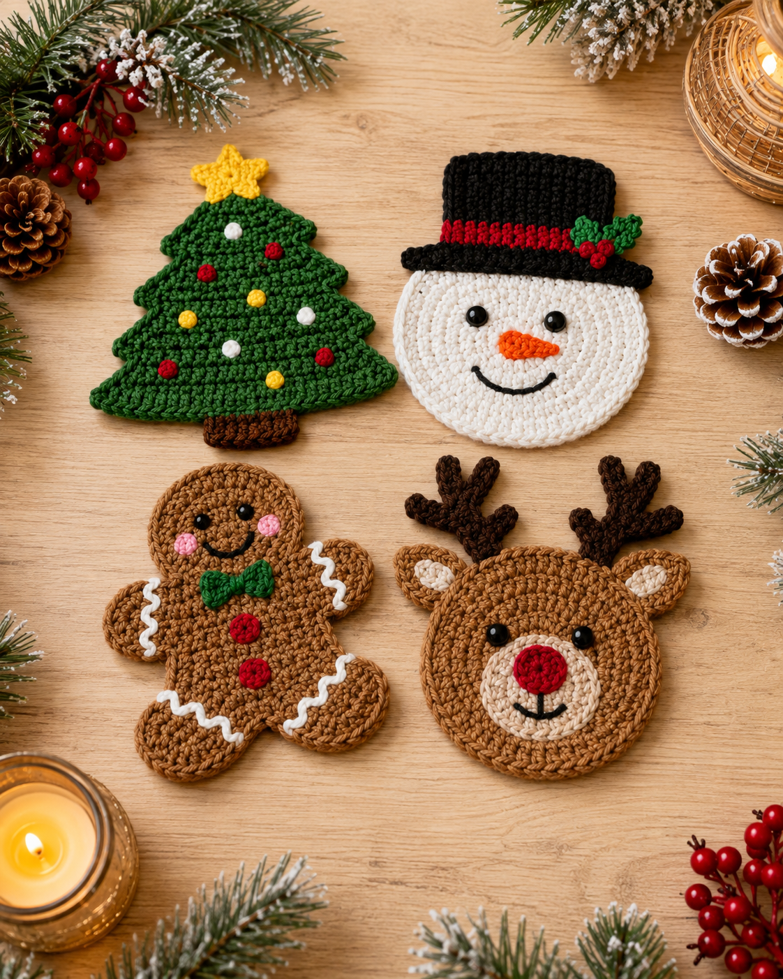 Festive Crochet Christmas Coasters Set | Handmade Amigurumi Tableware & Mug Mat