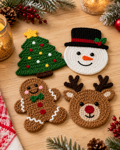 Festive Crochet Christmas Coasters Set | Handmade Amigurumi Tableware & Mug Mat