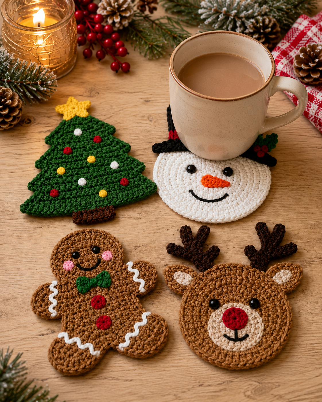 Festive Crochet Christmas Coasters Set | Handmade Amigurumi Tableware & Mug Mat