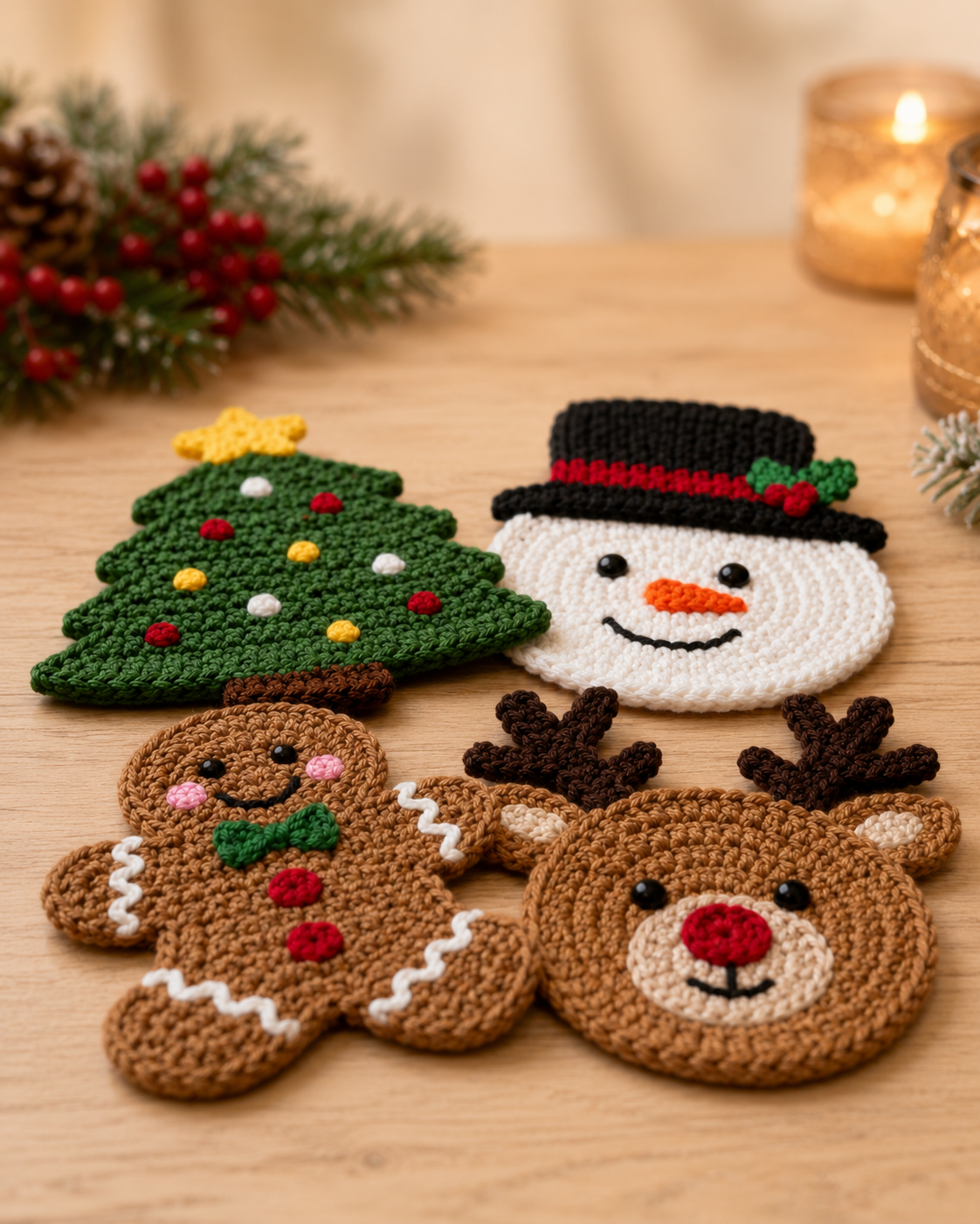Festive Crochet Christmas Coasters Set | Handmade Amigurumi Tableware & Mug Mat