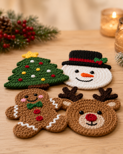 Festive Crochet Christmas Coasters Set | Handmade Amigurumi Tableware & Mug Mat