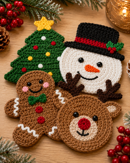 Festive Crochet Christmas Coasters Set | Handmade Amigurumi Tableware & Mug Mat