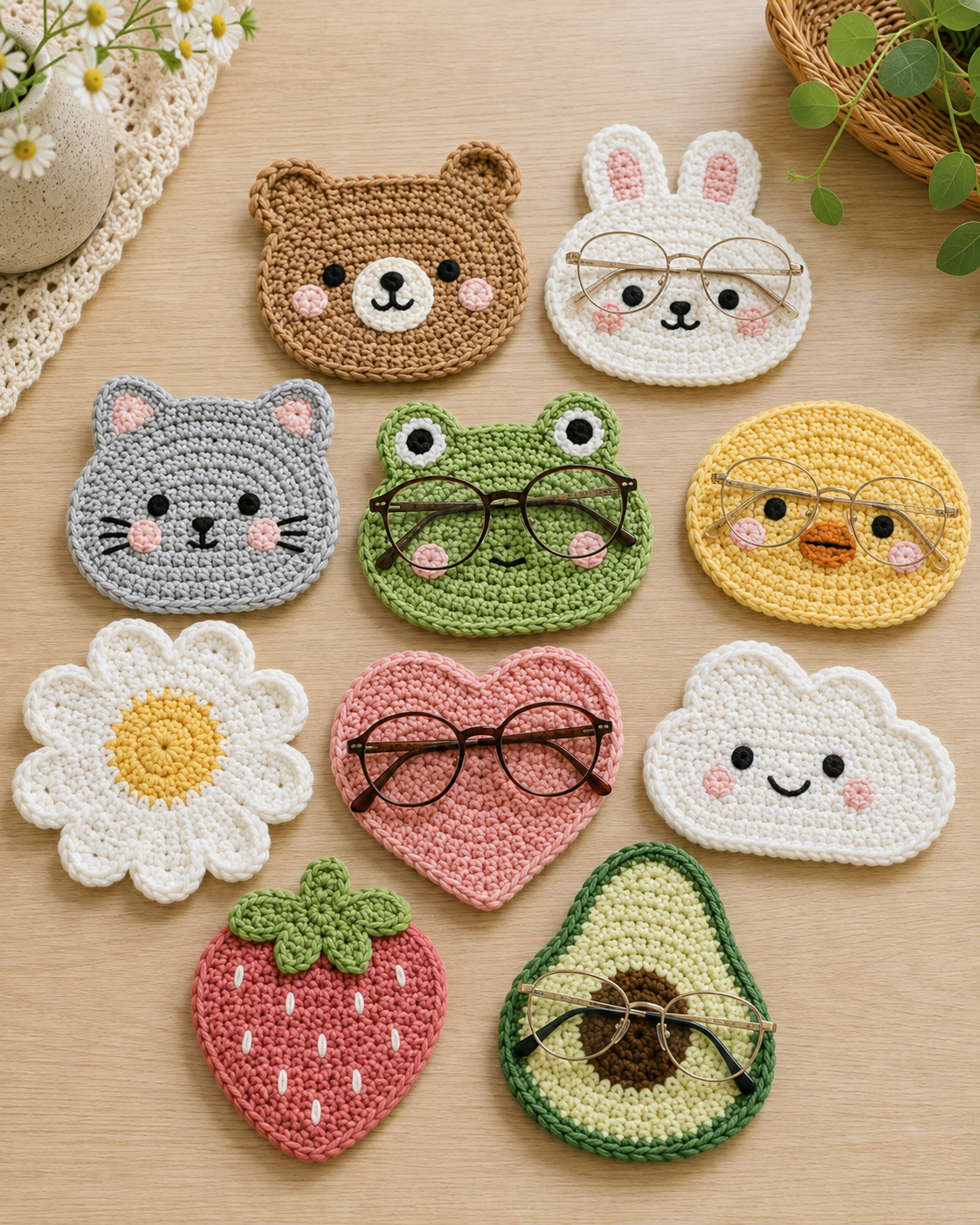 Handmade Crochet Animal & Fruit Coasters Set | Amigurumi Mug Rugs & Glasses Holders