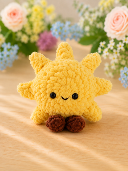 Handmade Crochet Smiling Sun Plushie | Soft Velvet Amigurumi Sunshine Stuffed Animal Toy