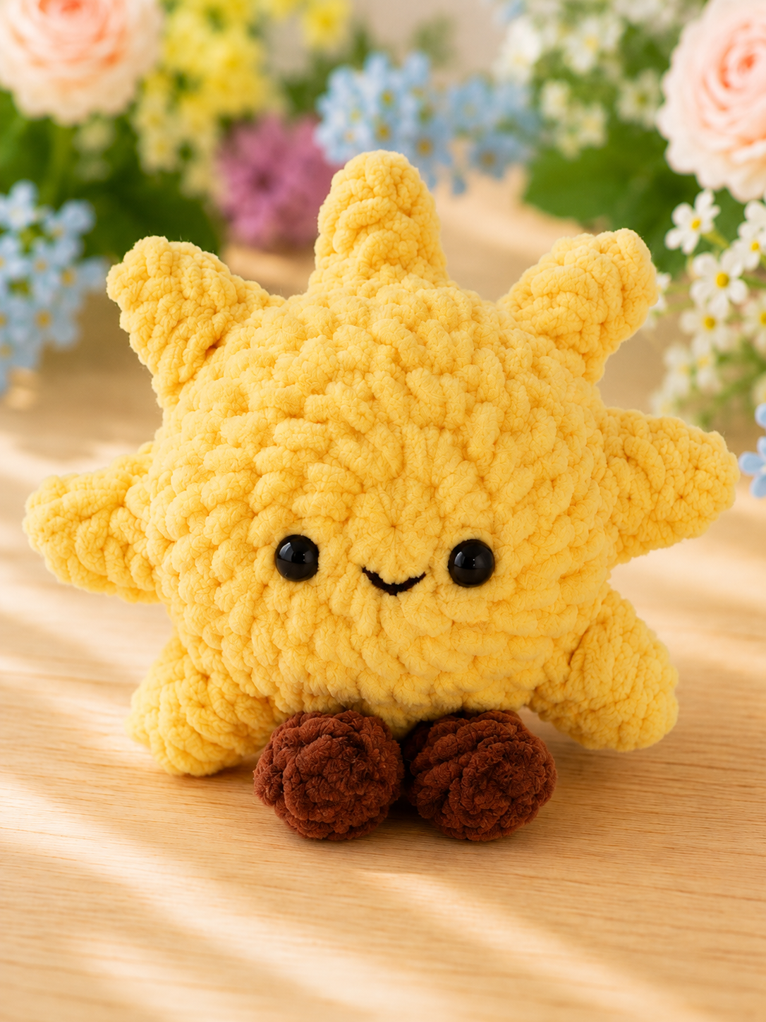 Handmade Crochet Smiling Sun Plushie | Soft Velvet Amigurumi Sunshine Stuffed Animal Toy
