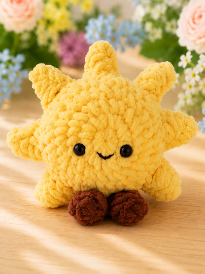 Handmade Crochet Smiling Sun Plushie | Soft Velvet Amigurumi Sunshine Stuffed Animal Toy