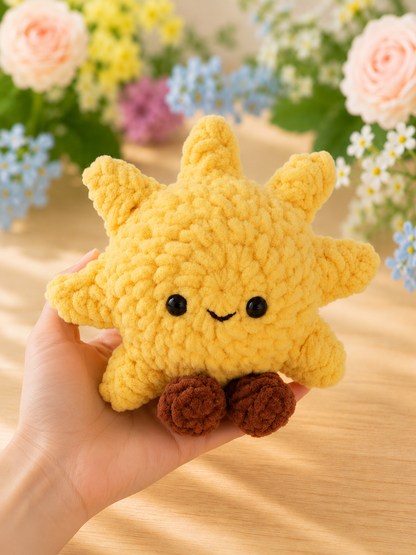 Handmade Crochet Smiling Sun Plushie | Soft Velvet Amigurumi Sunshine Stuffed Animal Toy