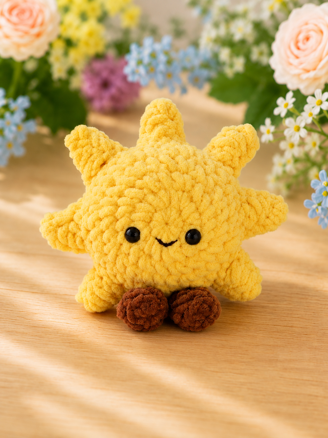 Handmade Crochet Smiling Sun Plushie | Soft Velvet Amigurumi Sunshine Stuffed Animal Toy