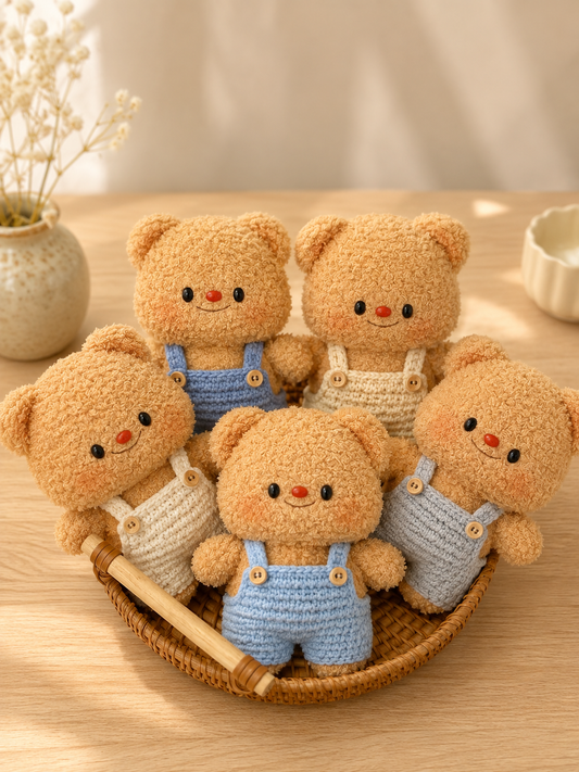 Handmade Crochet Teddy Bear in Overalls Plushie | Soft Velvet Amigurumi Stuffed Animal Toy