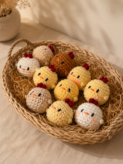 Handmade Crochet Fluffy Chick Plushies Basket Set | Amigurumi Farm Animal Toys & Decor