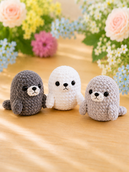 Handmade Crochet Baby Seal Plushies Set | Soft Velvet Amigurumi Stuffed Animal Toys