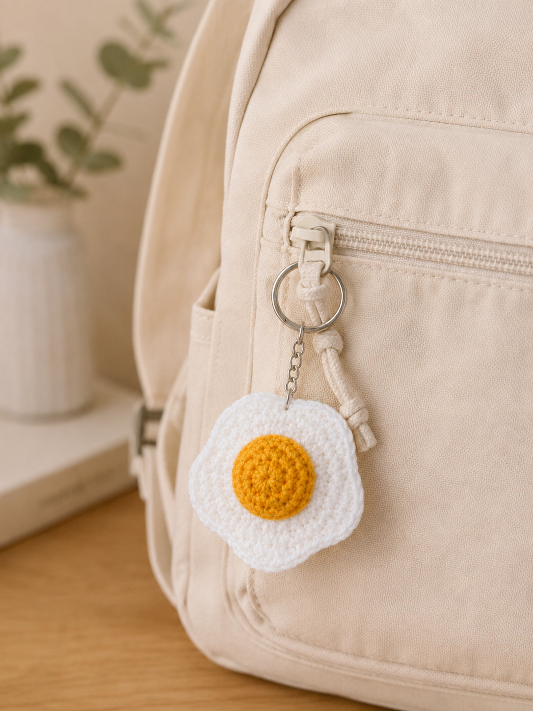 Handmade Crochet Fried Egg Keychain | Minimalist Kawaii Sunny-Side Up Bag Charm