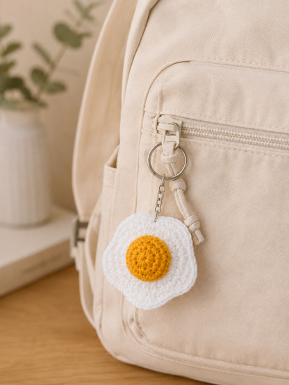 Handmade Crochet Fried Egg Keychain | Minimalist Kawaii Sunny-Side Up Bag Charm