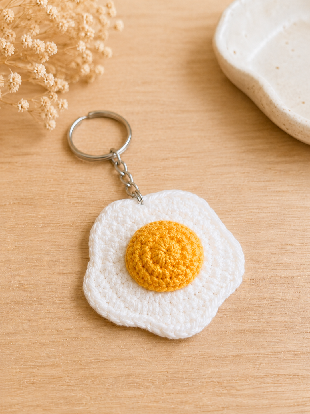 Handmade Crochet Fried Egg Keychain | Minimalist Kawaii Sunny-Side Up Bag Charm