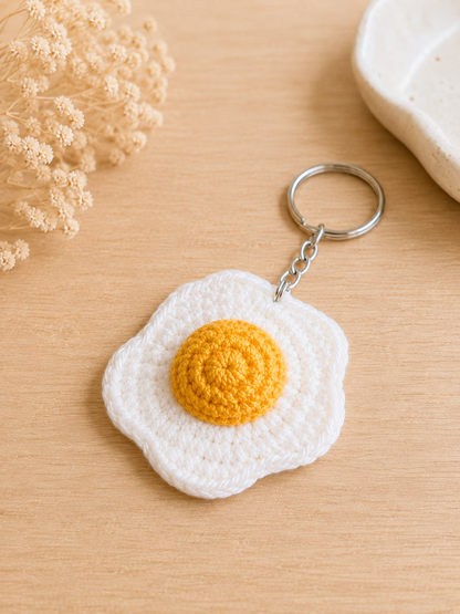 Handmade Crochet Fried Egg Keychain | Minimalist Kawaii Sunny-Side Up Bag Charm