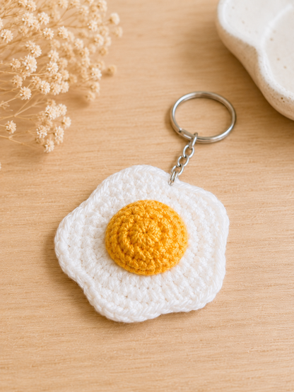 Handmade Crochet Fried Egg Keychain | Minimalist Kawaii Sunny-Side Up Bag Charm