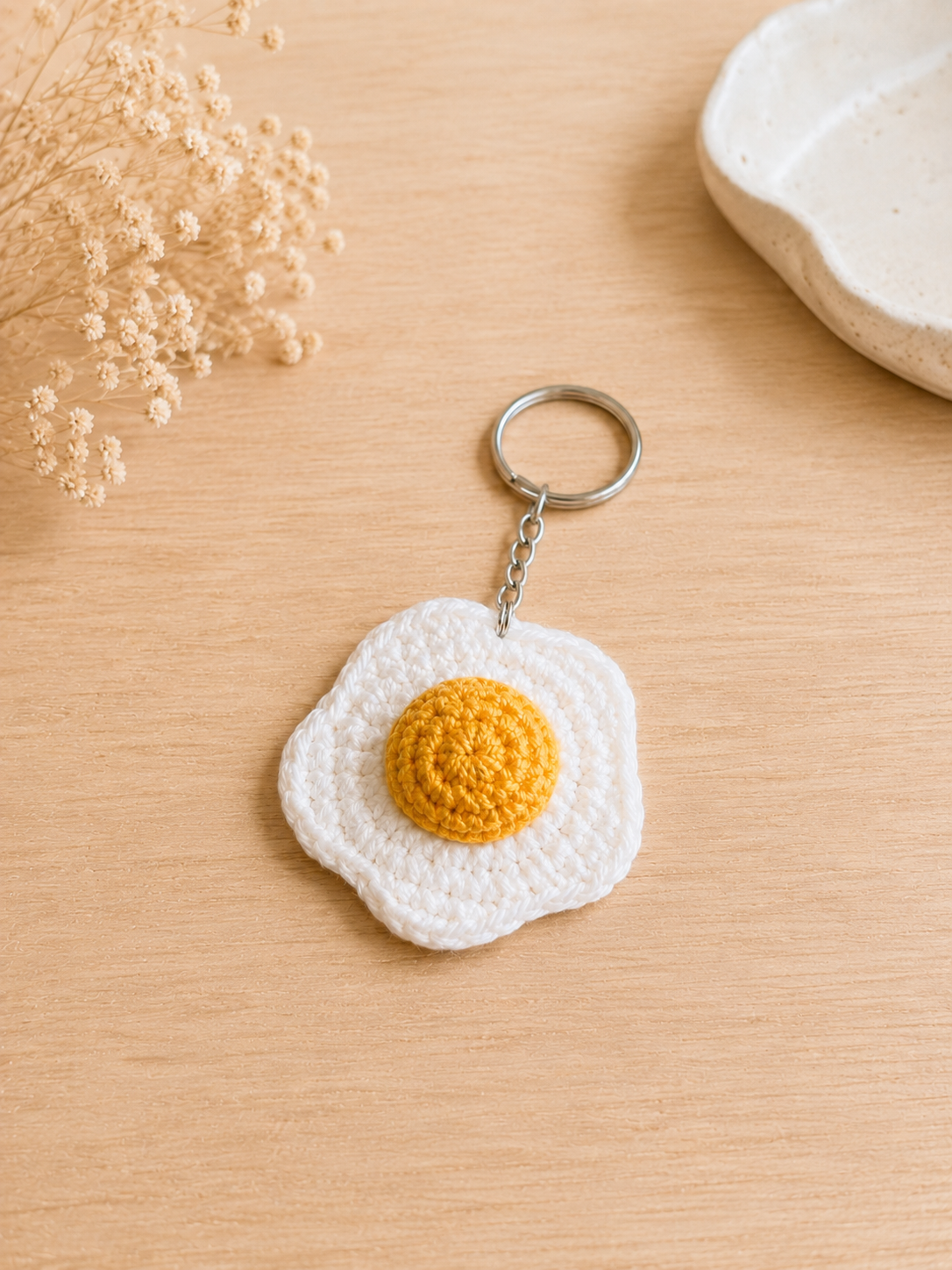 Handmade Crochet Fried Egg Keychain | Minimalist Kawaii Sunny-Side Up Bag Charm