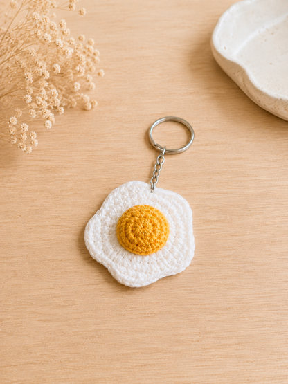 Handmade Crochet Fried Egg Keychain | Minimalist Kawaii Sunny-Side Up Bag Charm