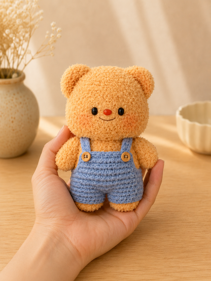 Handmade Crochet Teddy Bear in Overalls Plushie | Soft Velvet Amigurumi Stuffed Animal Toy