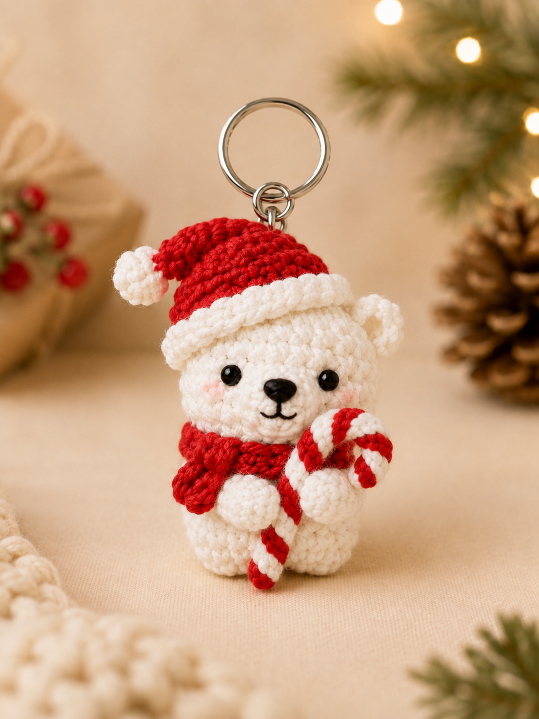Festive Crochet Christmas Polar Bear Keychains Set | Handmade Amigurumi Holiday Bag Charms