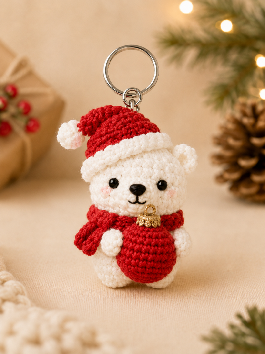 Festive Crochet Christmas Polar Bear Keychains Set | Handmade Amigurumi Holiday Bag Charms
