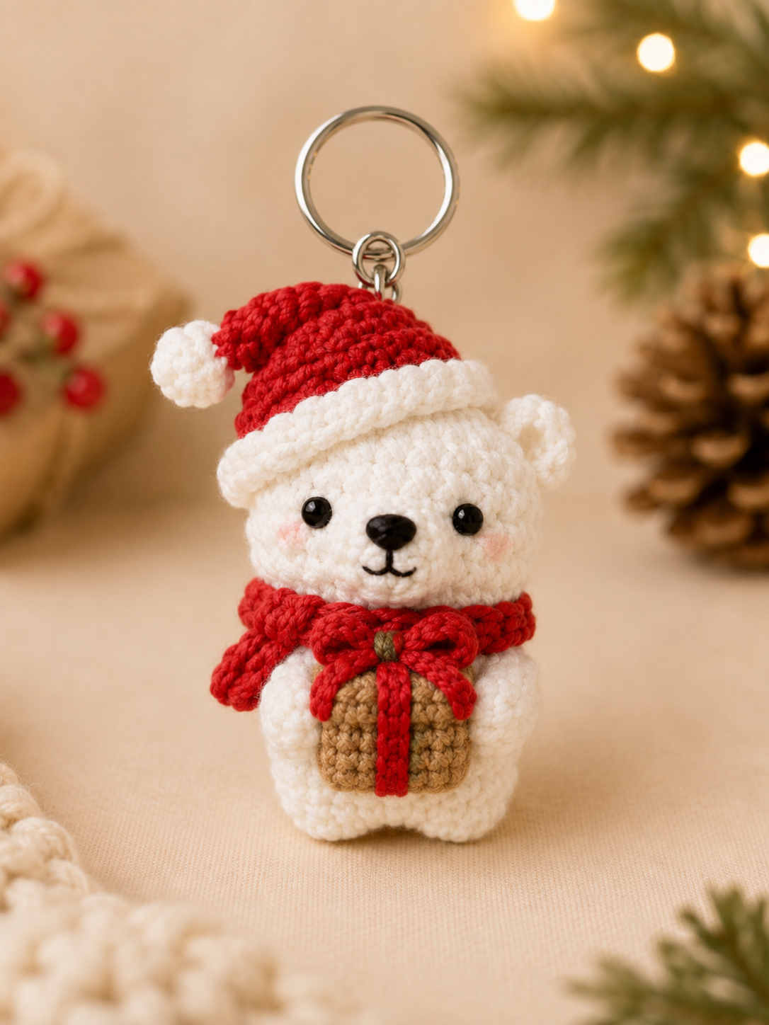 Festive Crochet Christmas Polar Bear Keychains Set | Handmade Amigurumi Holiday Bag Charms
