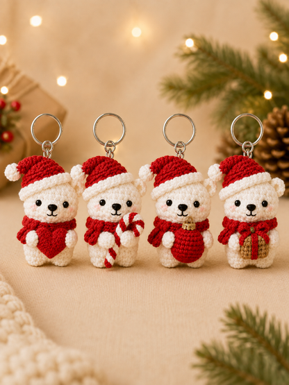 Festive Crochet Christmas Polar Bear Keychains Set | Handmade Amigurumi Holiday Bag Charms