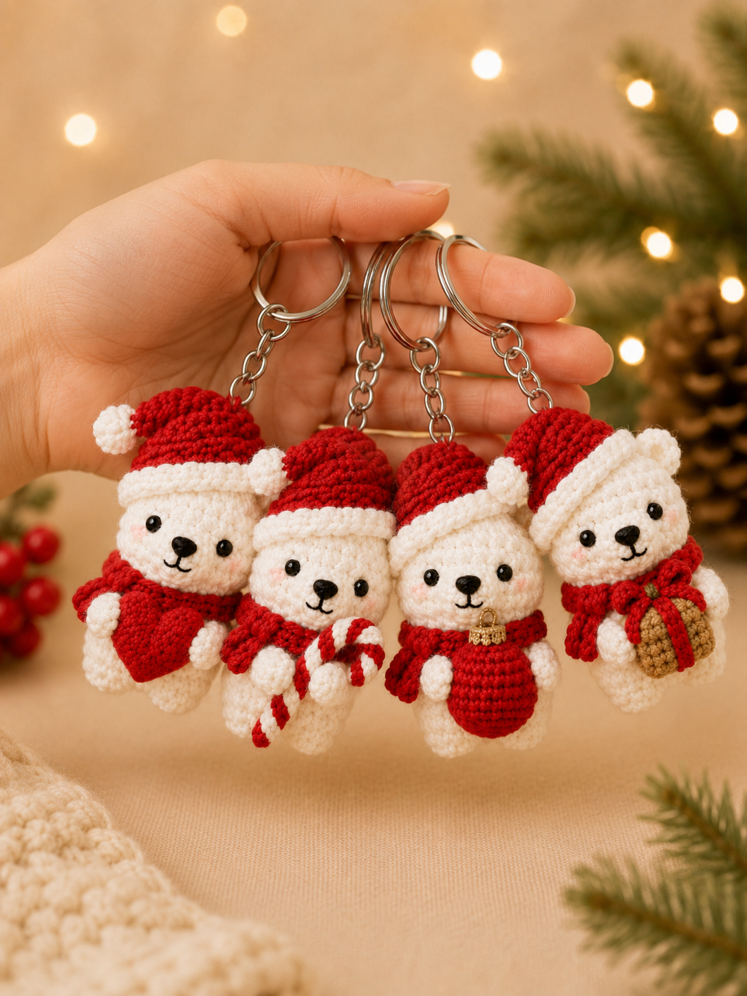 Festive Crochet Christmas Polar Bear Keychains Set | Handmade Amigurumi Holiday Bag Charms