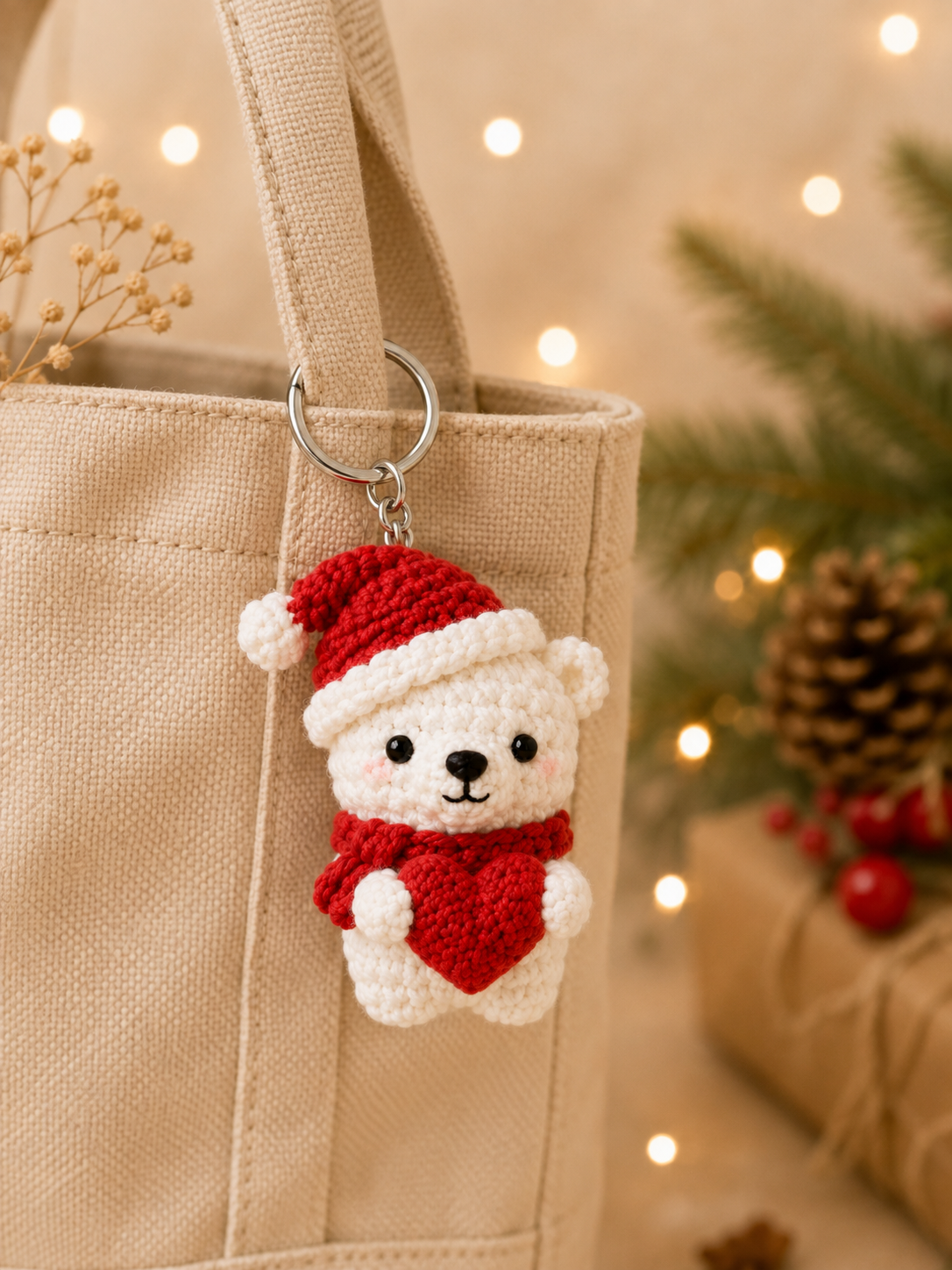 Festive Crochet Christmas Polar Bear Keychains Set | Handmade Amigurumi Holiday Bag Charms