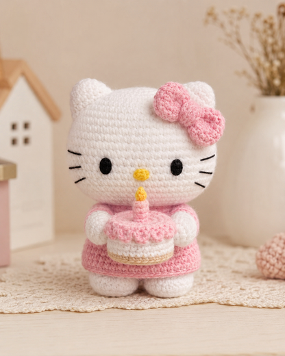 Handmade Crochet Birthday Kitty Plushie | Amigurumi Cat Stuffed Animal Toy with Cake