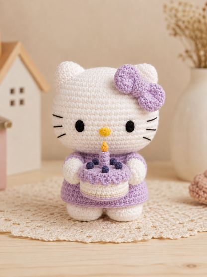 Handmade Crochet Birthday Kitty Plushie | Amigurumi Cat Stuffed Animal Toy with Cake