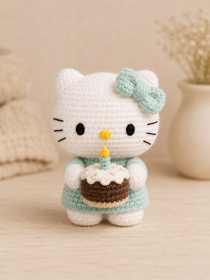 Handmade Crochet Birthday Kitty Plushie | Amigurumi Cat Stuffed Animal Toy with Cake