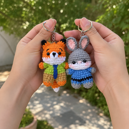 Cute Crochet Fox and Bunny Keychain Set | Handmade Amigurumi Detective Duo Bag Charm