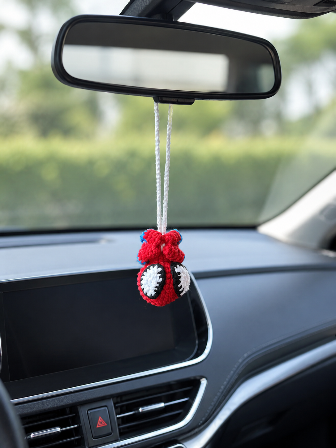 Cute Hero Web-Slinger Crochet Car Charm | Handmade Amigurumi Rearview Mirror Accessory