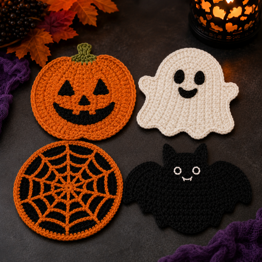 Handmade Crochet Halloween Coaster Set | Spooky Cute Drink Mat Duo