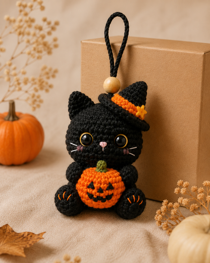 Spooky-Cute Crochet Black Cat Car Charm | Handmade Amigurumi Halloween Rearview Mirror Accessory