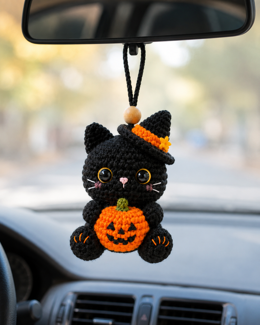 Spooky-Cute Crochet Black Cat Car Charm | Handmade Amigurumi Halloween Rearview Mirror Accessory
