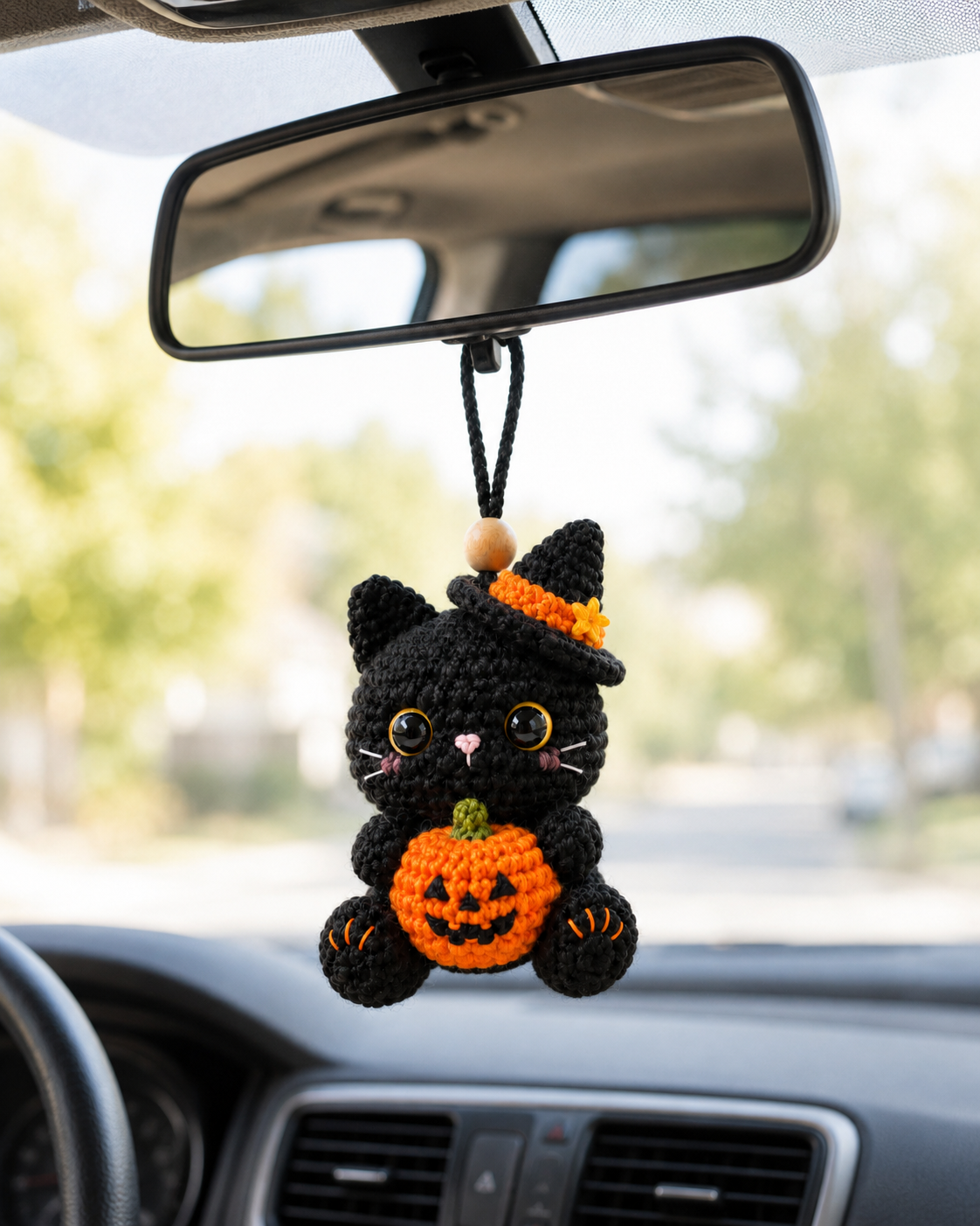 Spooky-Cute Crochet Black Cat Car Charm | Handmade Amigurumi Halloween Rearview Mirror Accessory