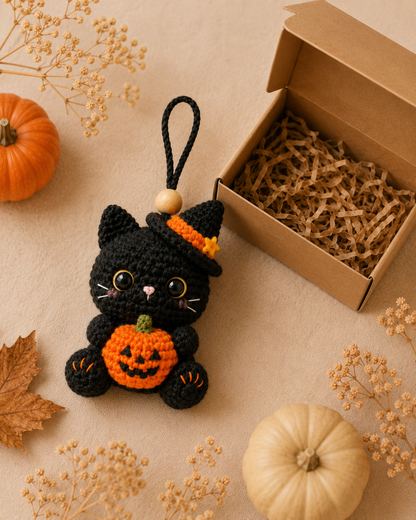 Spooky-Cute Crochet Black Cat Car Charm | Handmade Amigurumi Halloween Rearview Mirror Accessory