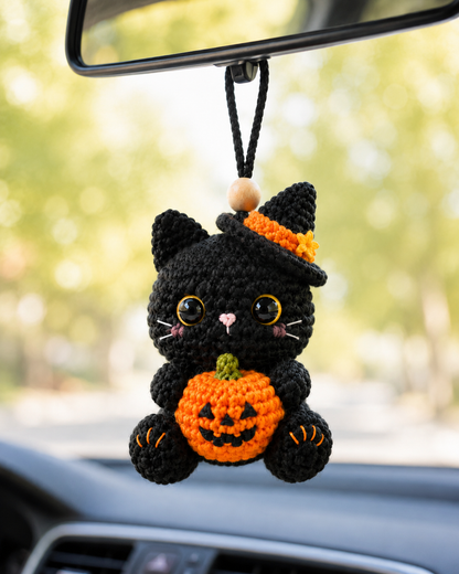 Spooky-Cute Crochet Black Cat Car Charm | Handmade Amigurumi Halloween Rearview Mirror Accessory