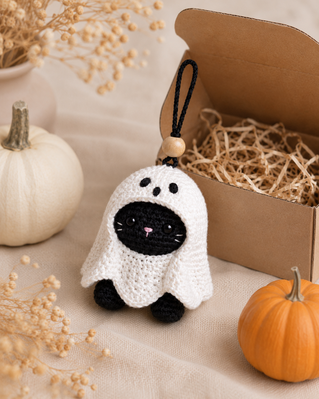 Spooky-Cute Crochet Ghost Cat Car Charm | Handmade Amigurumi Halloween Rearview Mirror Accessory