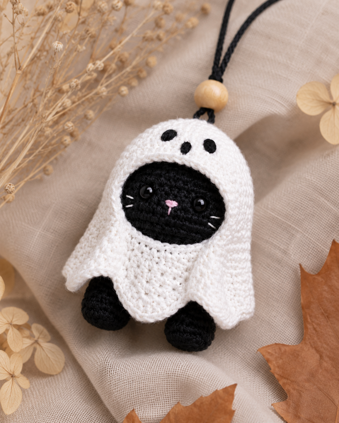 Spooky-Cute Crochet Ghost Cat Car Charm | Handmade Amigurumi Halloween Rearview Mirror Accessory