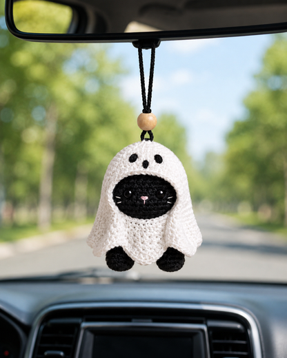 Spooky-Cute Crochet Ghost Cat Car Charm | Handmade Amigurumi Halloween Rearview Mirror Accessory