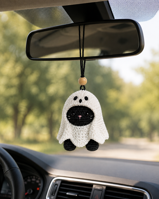 Spooky-Cute Crochet Ghost Cat Car Charm | Handmade Amigurumi Halloween Rearview Mirror Accessory