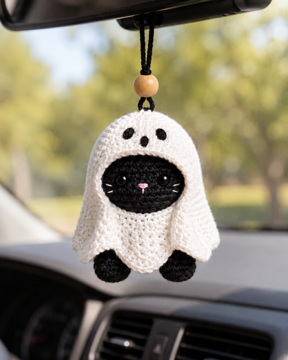 Spooky-Cute Crochet Ghost Cat Car Charm | Handmade Amigurumi Halloween Rearview Mirror Accessory
